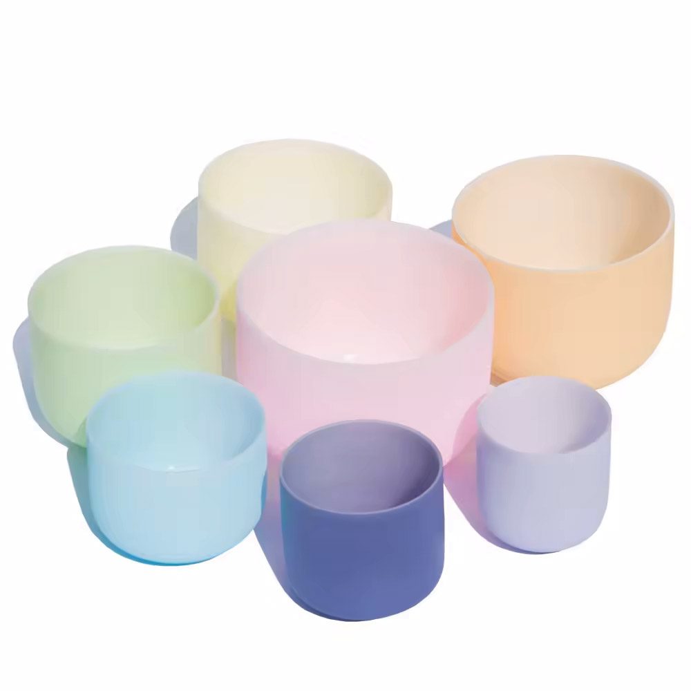 Macaron Colored Frosted Quartz Crystal Singing Bowls Chakra Set (16-30 cm, 13.5 kg) - Image 3