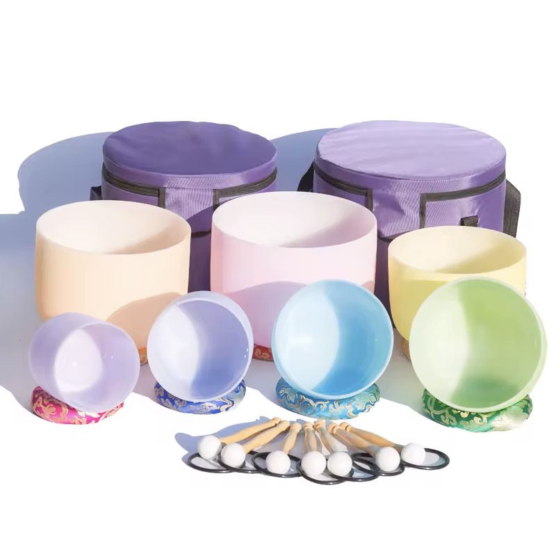 Macaron Colored Frosted Quartz Crystal Singing Bowls Chakra Set (16-30 cm, 13.5 kg) - Image 2