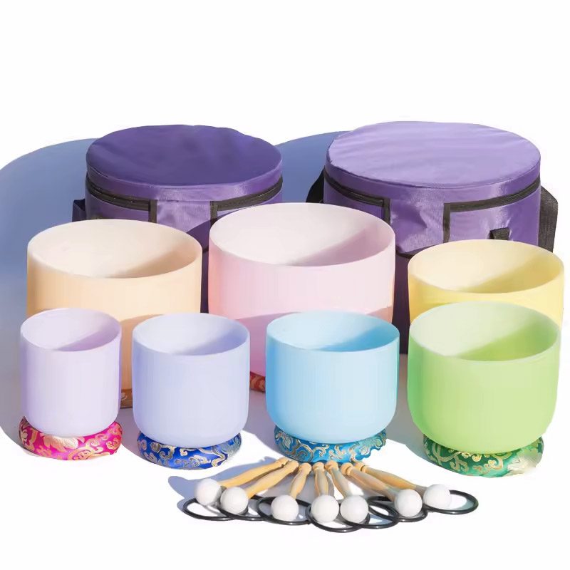 Macaron Colored Frosted Quartz Crystal Singing Bowls Chakra Set (16-30 cm, 13.5 kg)