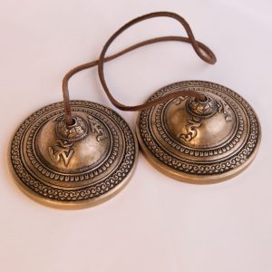 Bronze Tingsha "Bell Three Symbols" (Karatals) (9 cm, 550 gr) (+ case)