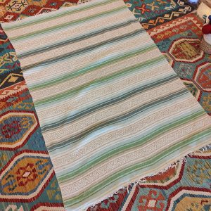 Shamanic Mexican Handmade Cotton Blanket White Green (188x124cm)