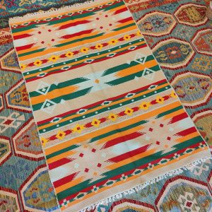 Shamanic Mexican Handmade Cotton Blanket Green Beige (175x118cm)