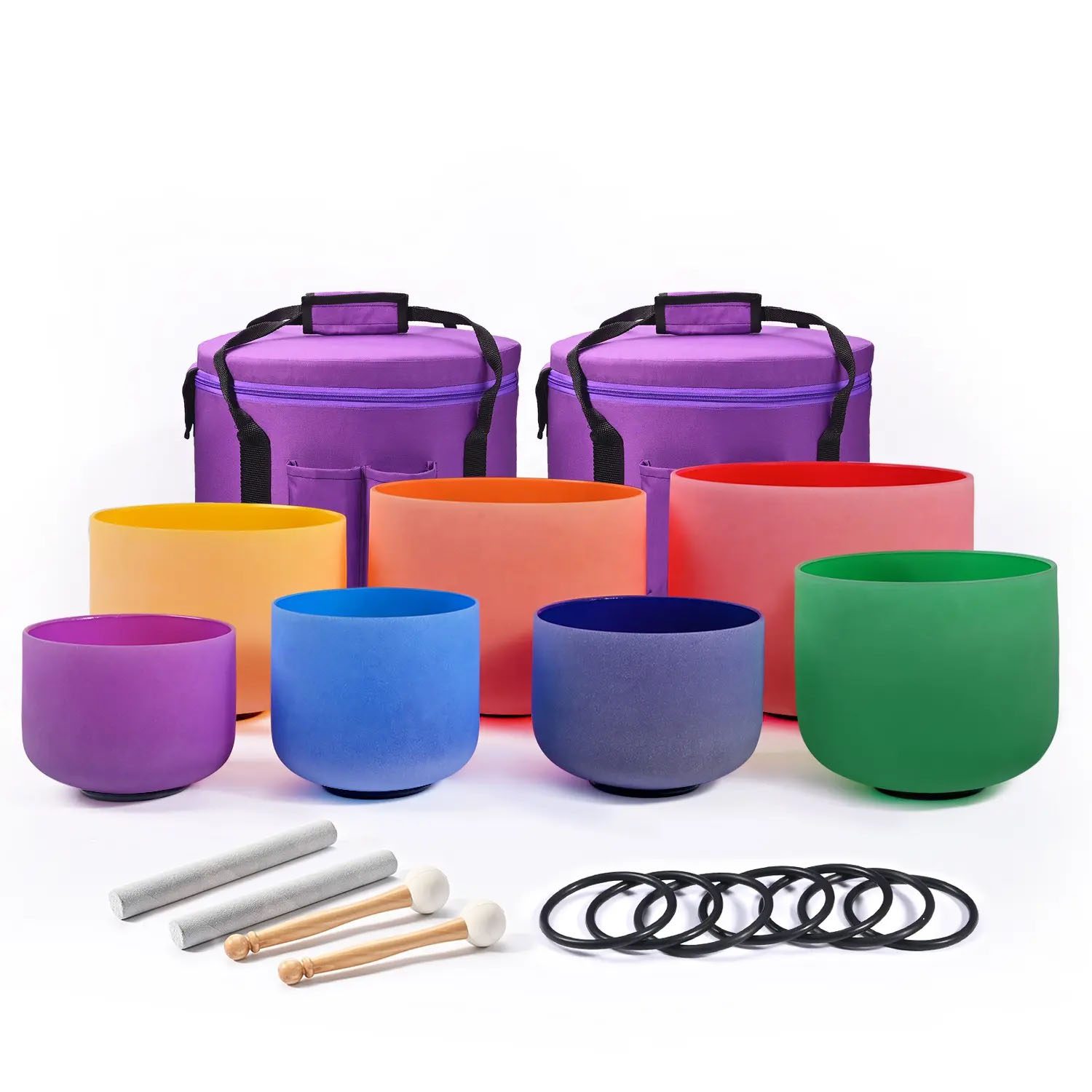 Inside Colored Frosted Quartz Crystal Singing Bowls Chakra Set (16-30 cm, 13.5 kg)