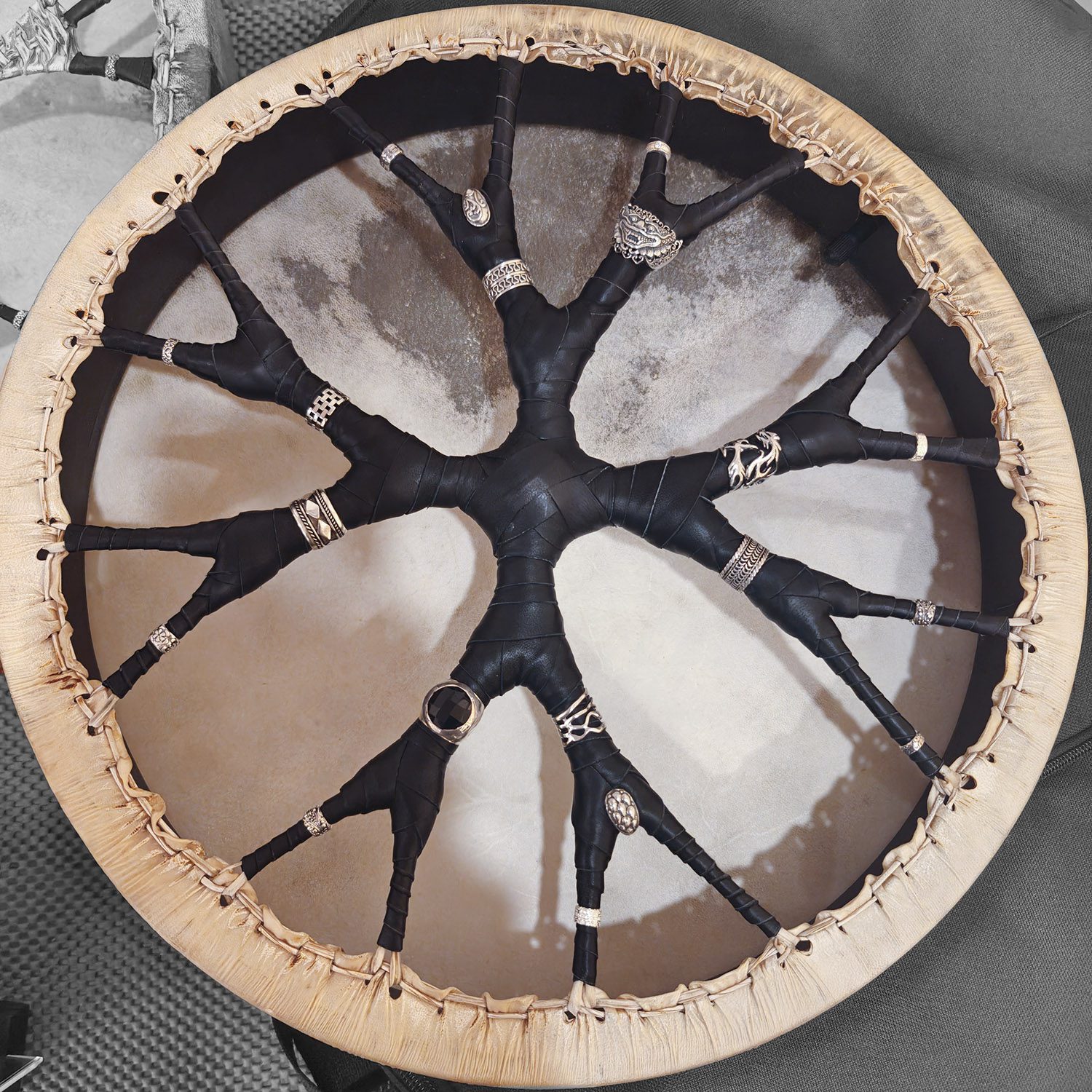 Shamanic Drum With Leather & Silver 925 "Black Bali Face" (40 cm) (+ case)